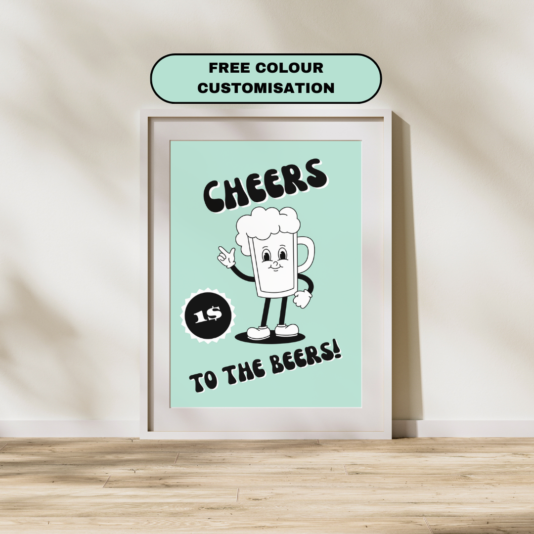 Retro Prints Cheer To The Beers Print Wall Art Beer Inspired Art 60's 70's 80's 90's Era Retro Cartoon Typography Party Art Prints Posters