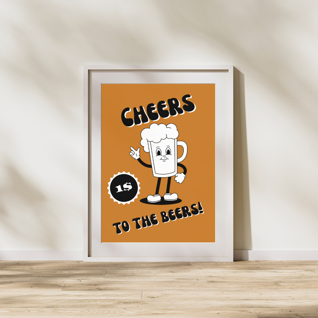 Retro Prints Cheer To The Beers Print Wall Art Beer Inspired Art 60's 70's 80's 90's Era Retro Cartoon Typography Party Art Prints Posters