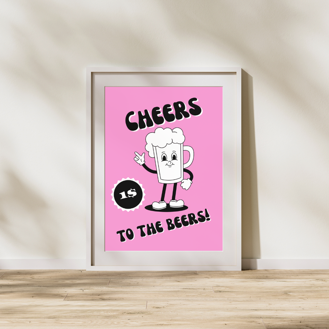 Retro Prints Cheer To The Beers Print Wall Art Beer Inspired Art 60's 70's 80's 90's Era Retro Cartoon Typography Party Art Prints Posters