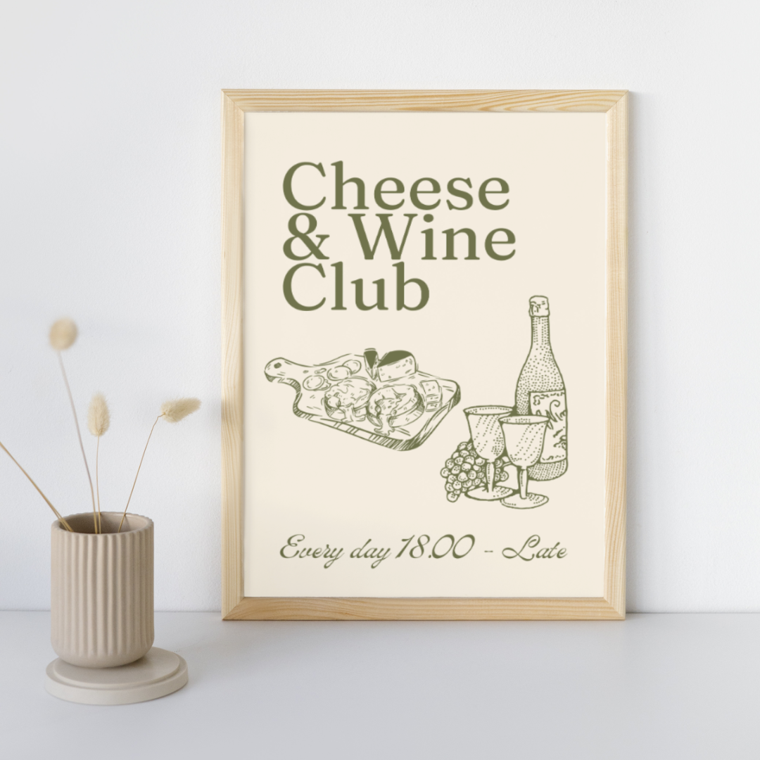 Cheese And Wine Art Print Wine & Cheese Club Modern Kitchen Decor Kitchen Art Print Retro Wall Print Art Poster Trendy Wall Art Gift Idea