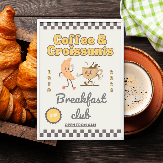 Coffee Croissants Print Wall Art Retro Vintage Poster Breakfast Kitchen Home Decor Brunch Giclee Poster Art Food Trendy Eclectic Colourful