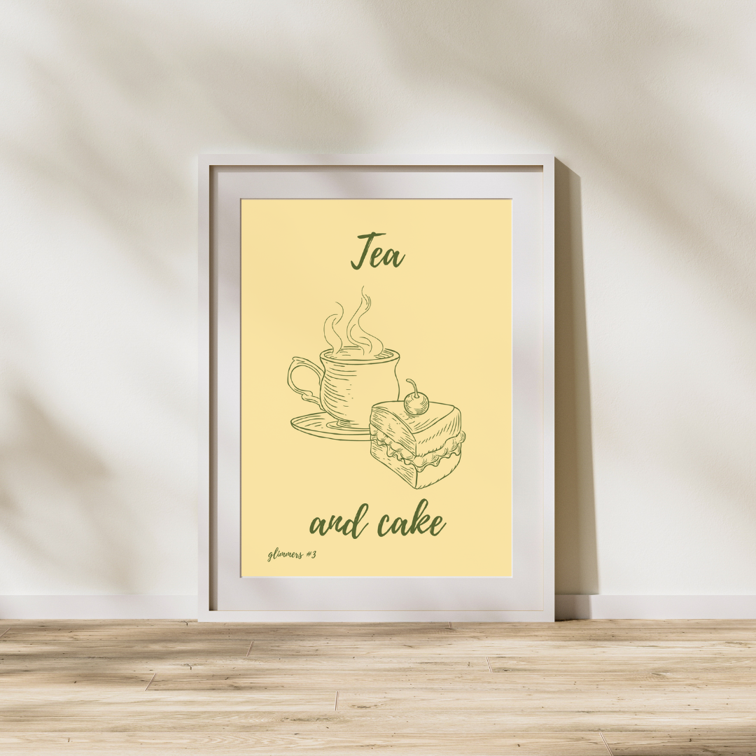 Tea Print Cake Quote Poster Feel Good Print Positivity Wall Print Home Decor Kitchen Print Gift Idea Glimmers Joy Peace Gift Lover Minimal