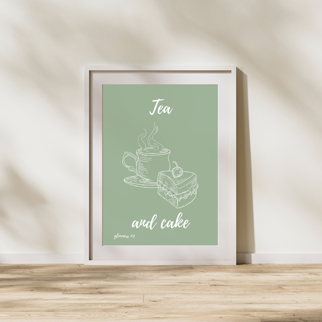 Tea Print Cake Quote Poster Feel Good Print Positivity Wall Print Home Decor Kitchen Print Gift Idea Glimmers Joy Peace Gift Lover Minimal