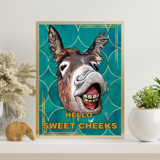 Hello Sweet Cheeks Print Funny Humorous Art Print Bathroom Bedroom Wall Art Nice Bum Print Playful Art Typography Retro Trendy Prints