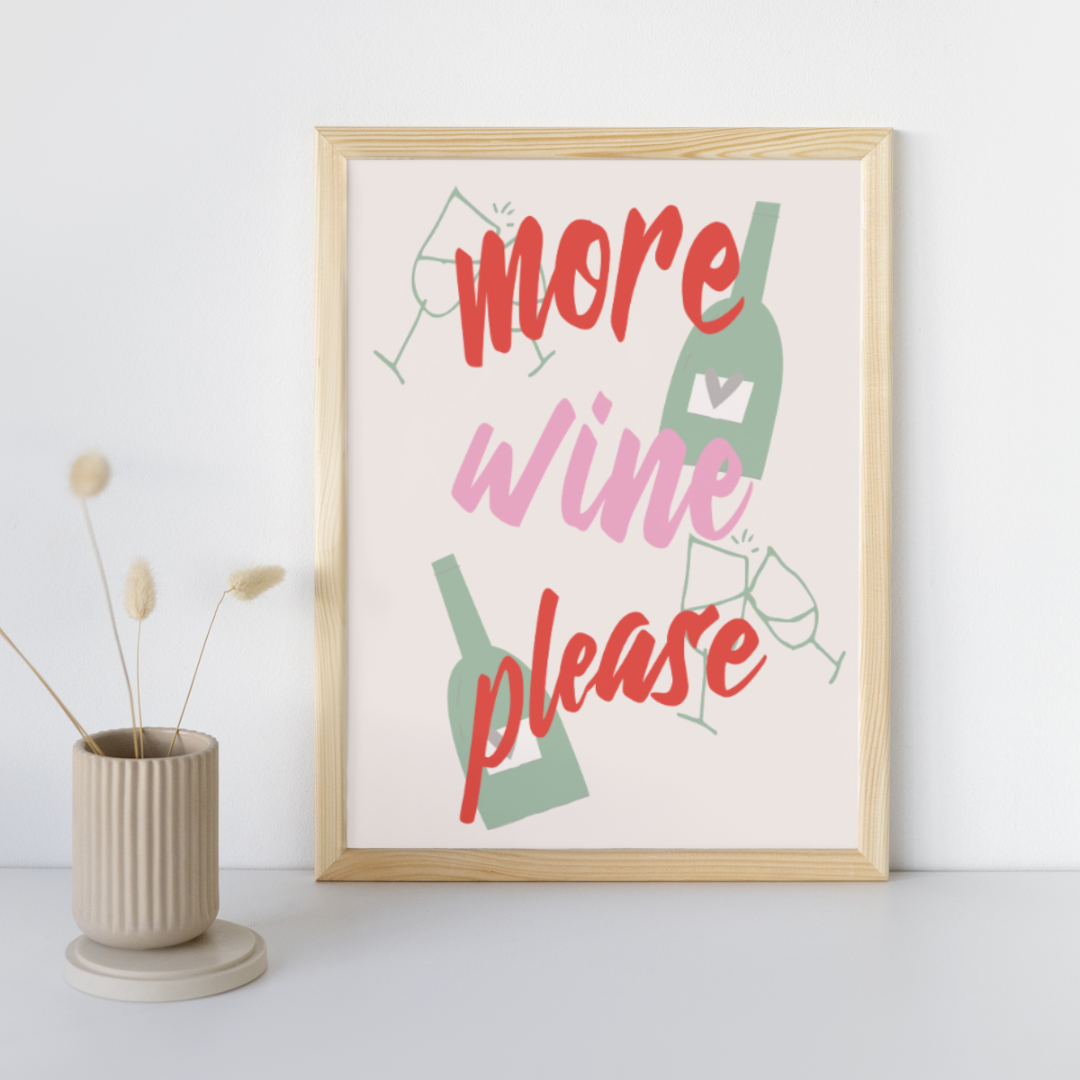 Wine Art Print Poster More Wine Please Wine Lover Modern Kitchen Decor France Kitchen Art Print Retro Wall Print Art Trendy Retro Poster