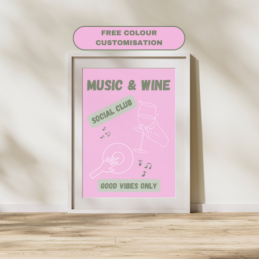 Music And Wine Print Music & Wine Club Poster Pub Alcohol Home Bar Print Customisable Print Wall Print Home Decor Gift Idea Music Wine Lover