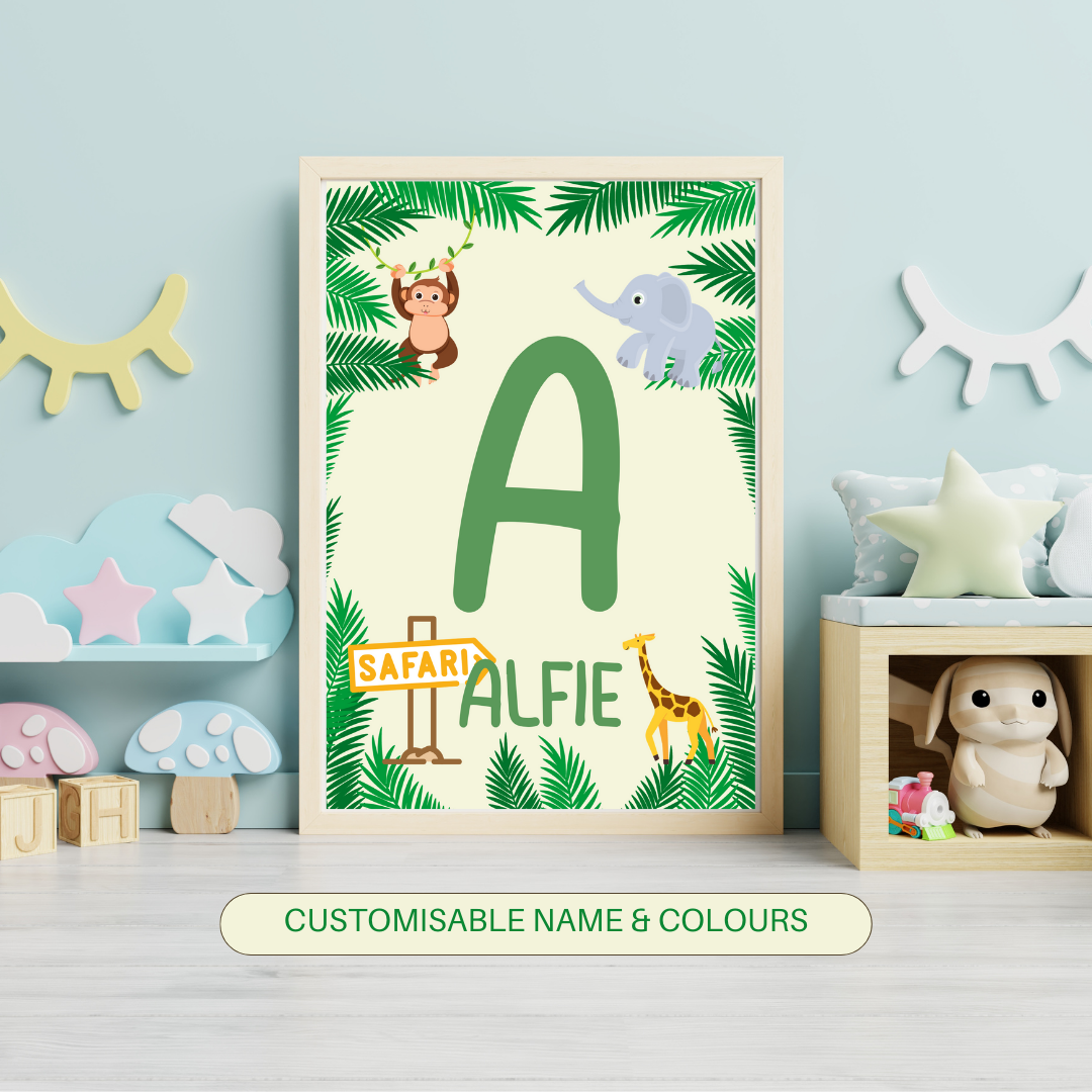 Nursery Print Safari Animals New Baby Gift Idea Kids Name Print Customisable Print Personalised Print Wall Print For Children's Room Decor