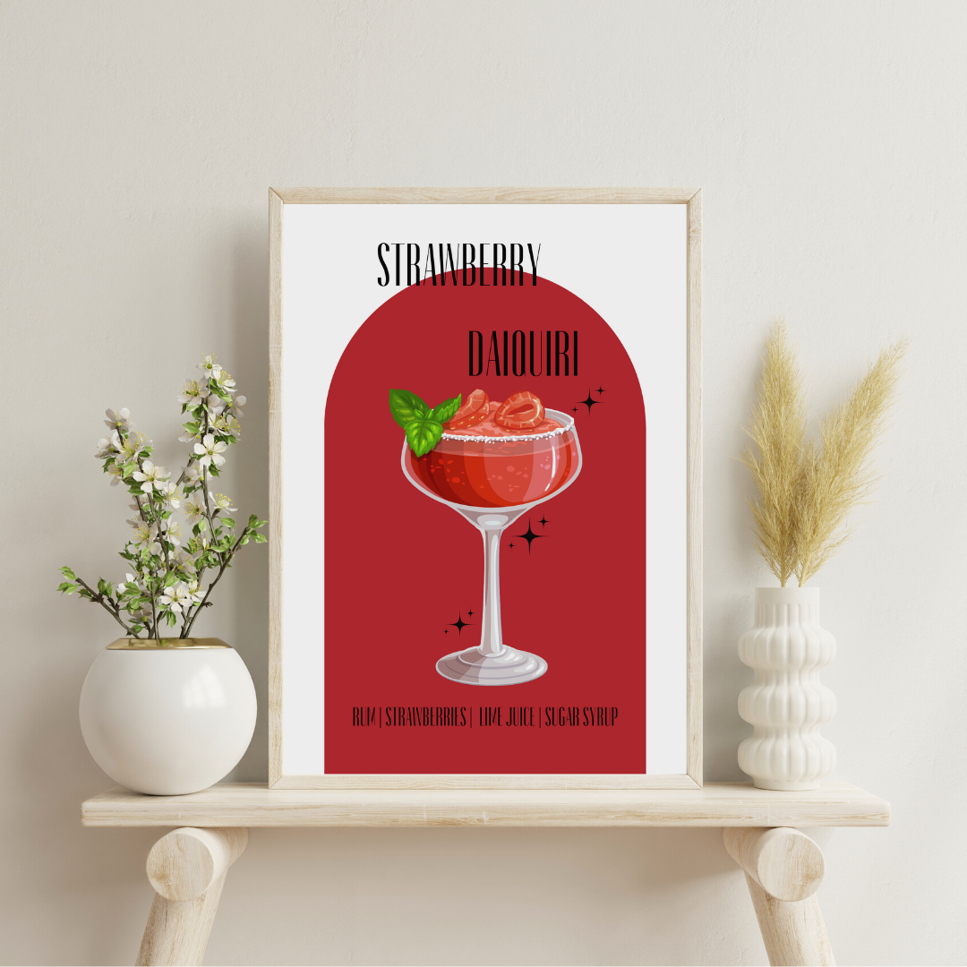 Strawberry Daiquiri Print Cocktail Wall Print Home Bar Decor Home Bar Print Poster Cocktail Recipe Gift For Home Bar Gift For Cocktail Lover