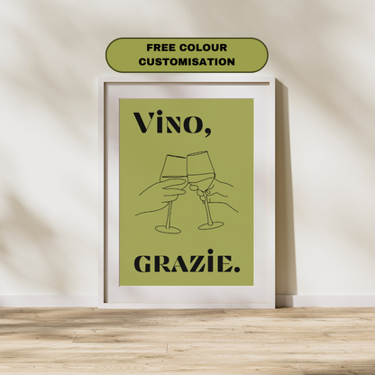 Wine Print Italian Poster Wine Lover Grazie Italian Modern Kitchen Decor Italy Art Print Bar Art Retro Wall Print Art Retro Poster Vino