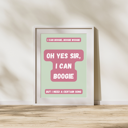 Yes Sir I Can Boogie Print Baccara Lyrics Quote Prints Disco Customised Personalised Art Retro Vintage 70's Music 1970's Music Prints Poster