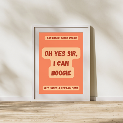 Yes Sir I Can Boogie Print Baccara Lyrics Quote Prints Disco Customised Personalised Art Retro Vintage 70's Music 1970's Music Prints Poster