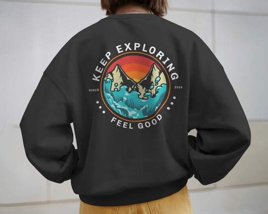 Keep Exploring Feel Good Sweatshirt | Unisex | Retro Graphic | 85% Organic Cotton 15% Recycled Polyester