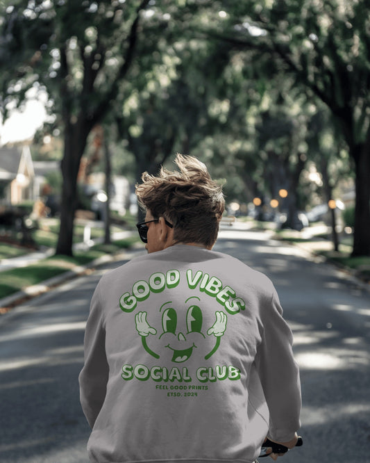 Good Vibes Only Sweatshirt | Green | Unisex | Retro Graphic | 85% Organic Cotton 15% Recycled Polyester